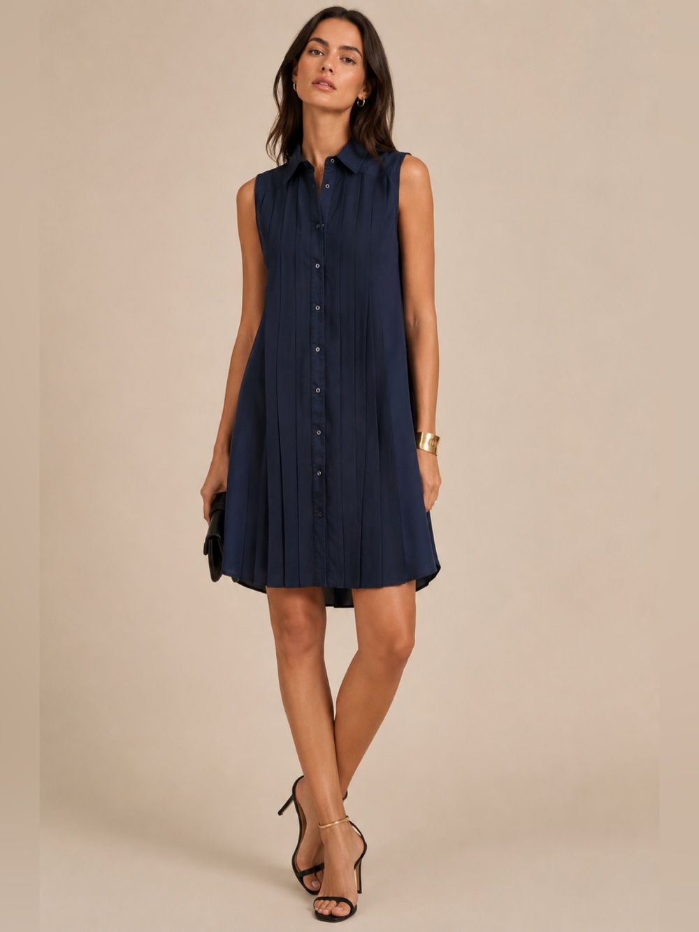 Sportmax Max Mara Navy Pleated Sleeveless Shirt Dress Made in Italy